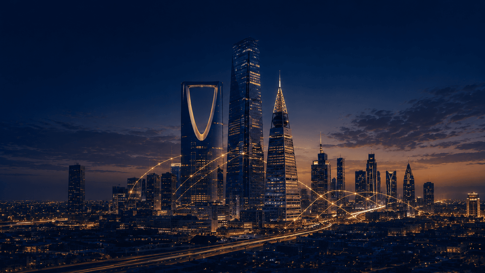 Riyadh financial skyline at dusk